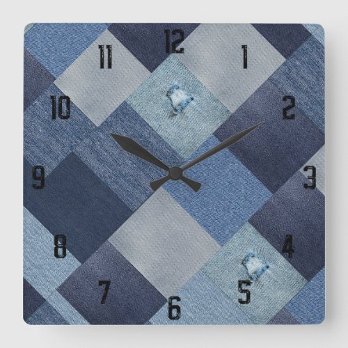 Cool Unique Patchwork Denim Vintage Square Wall Clock
