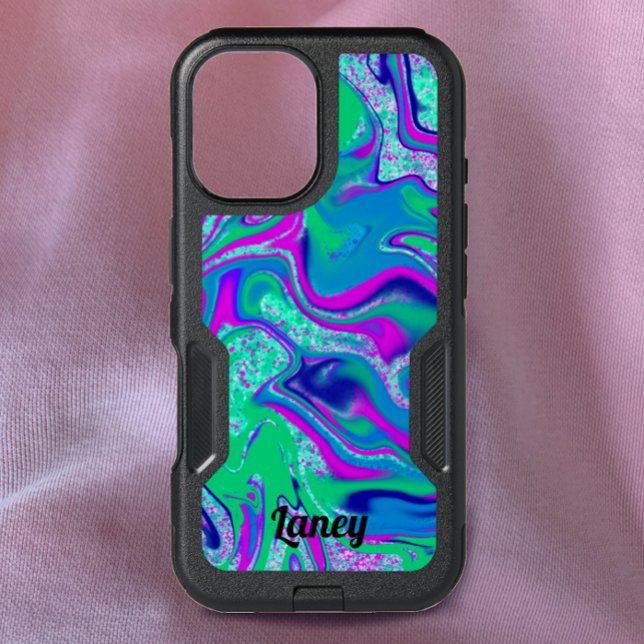 Cool Unique Personalized Teal Groovy  Otterbox iPhone Case (Add your name to this unique vibrant teal, pink and blue groovy swirl phone case.)
