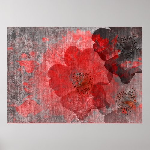 Cool unique red grey asian style flower art poster