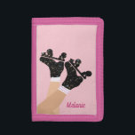 Cool Universe Roller Skates Derby Skater Pink   Trifold Wallet<br><div class="desc">Cool modern pastel pink and black celestial space milky way stardust quads. Perfect abstract legs roller skates art for roller derby babe, woman, girl. Lovable roller skates pattern design on home decor, mugs, wrapping paper, etc. Roller skates art illustration design gift for daughter, granddaughter, derby girl, roller babe. Rollerskating, quad...</div>