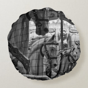 Cool, urban, modern photo of horses of carousel round pillow
