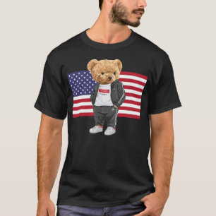 Cool USA Teddy Bear Illustration Novelty Graphic D T-Shirt