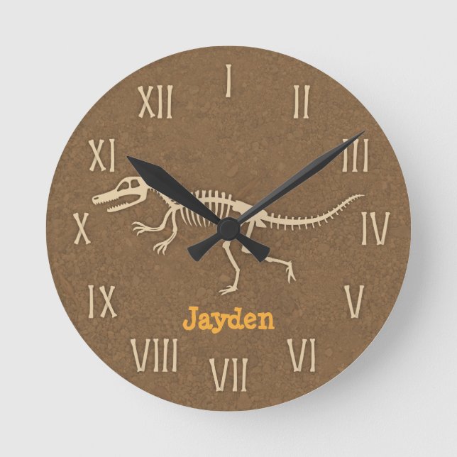 Cool Velociraptor Dinosaur Bones For Boys Room Round Clock (Front)