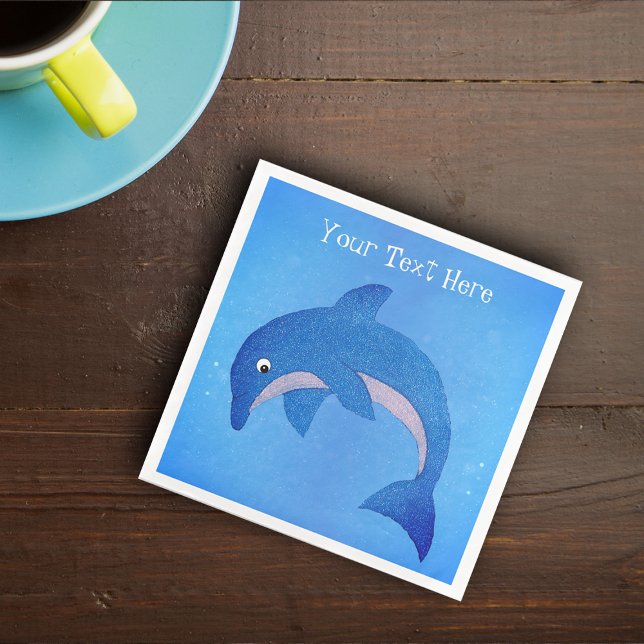 Cool Vibrant blue White Sparkle Dolphin Jumping Paper Dinner Napkins (Jumping sparkle dolphin in vibrant shades of blue with white stomach on blue party paper napkins.)
