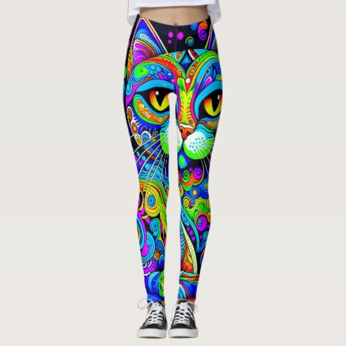 Cool Vibrant Whimsical Cat All_Over_Print Leggings