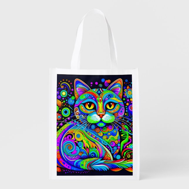 Cool Vibrant Whimsical Cat Reusable Grocery Bag (Front)
