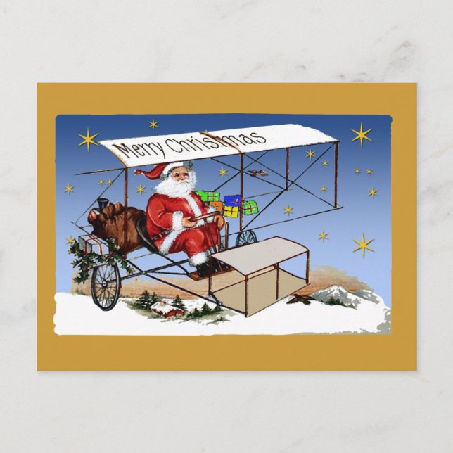 Cool Vintage Biplane Santa Claus Holiday Postcard (Front)