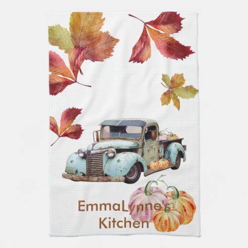 Cool Vintage Blue Truck Autumn Leaves Name Kitchen Towel