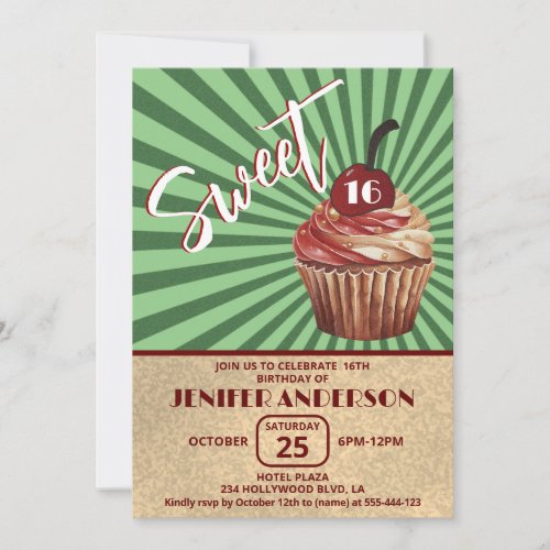 Cool vintage cupcake typography sweet 16 invitation