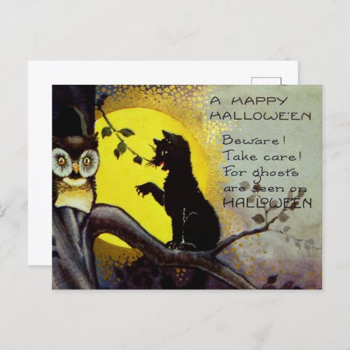 cool vintage Halloween black cat owl Holiday Postcard