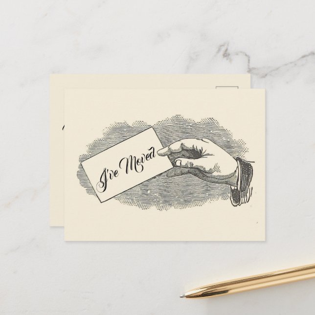Cool Vintage Hand Holding Card Moving Announcement (Front/Back In Situ)