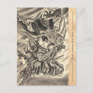 Cool vintage japanese demon samurai fight tattoo postcard