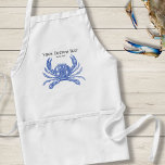 Cool Vintage Nautical Blue Crab Custom Beach Adult Apron<br><div class="desc">Celebrate the summer, ocean and beach with this nautical vintage blue crab design. A rustic blue crab engraved illustration is set against a tan linen-looking background. Add your custom text - monogram, family name, beach house name, year established, etc - or if you prefer, just delete the text . A...</div>