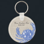 Cool Vintage Nautical Blue Crab Custom Beach Keychain<br><div class="desc">Celebrate the summer, ocean and beach with this nautical vintage blue crab design. A rustic blue crab engraved illustration is set against a tan linen-looking background. Add your custom text - monogram, family name, beach house name, year established, etc - or if you prefer, just delete the text . A...</div>