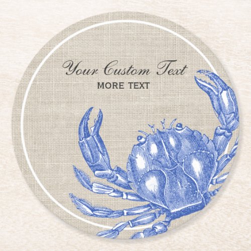 Cool Vintage Nautical Blue Crab Custom Beach Round Paper Coaster