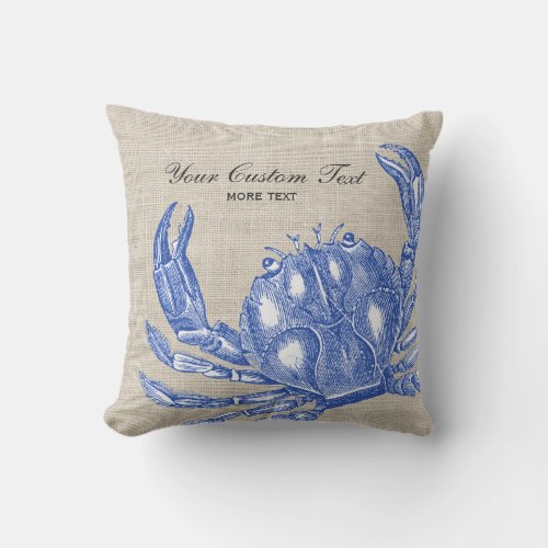 Cool Vintage Nautical Blue Crab Custom Beach Throw Pillow