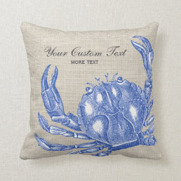 Cool Vintage Nautical Blue Crab Custom Beach Throw Pillow