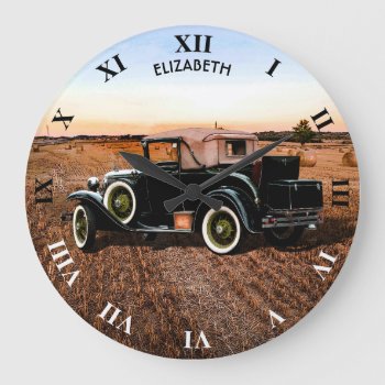 Cool Vintage Retro Car In Pink And Black Large Clock by HumusInPita at Zazzle