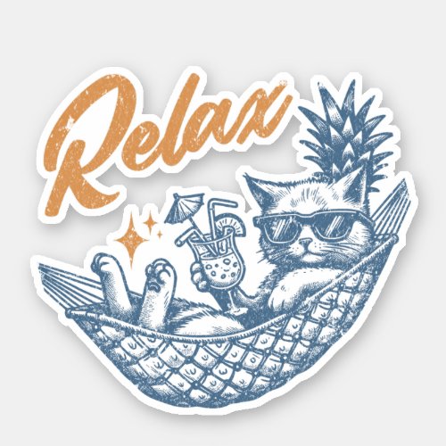 Cool Vintage Retro Cat Relaxing Hammock Cocktail Sticker