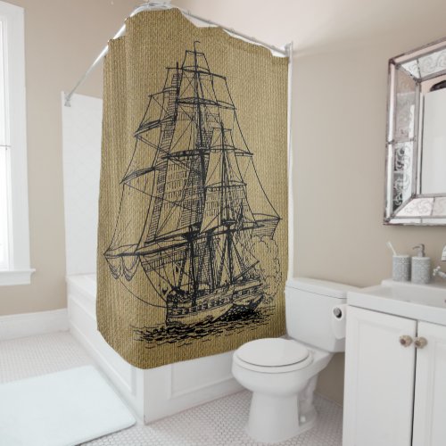 Cool Vintage Ship on faux burlap Shower Curtain