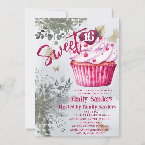 Cool vintage  watercolor greenery cupcake  invitation