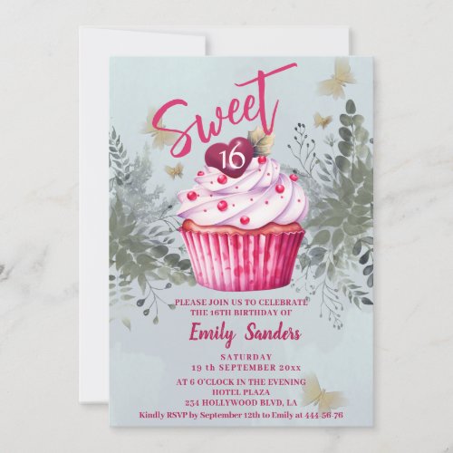 Cool vintage  watercolor greenery cupcake  invitation