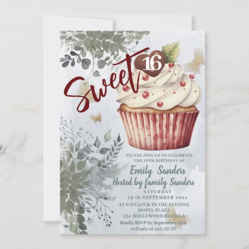 Cool vintage  watercolor greenery cupcake  invitation