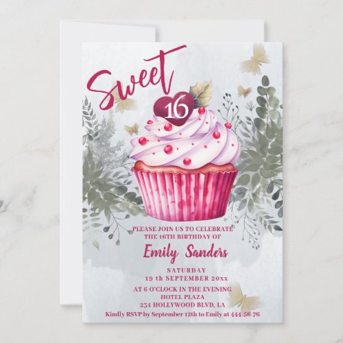 Cool vintage  watercolor greenery cupcake  invitation