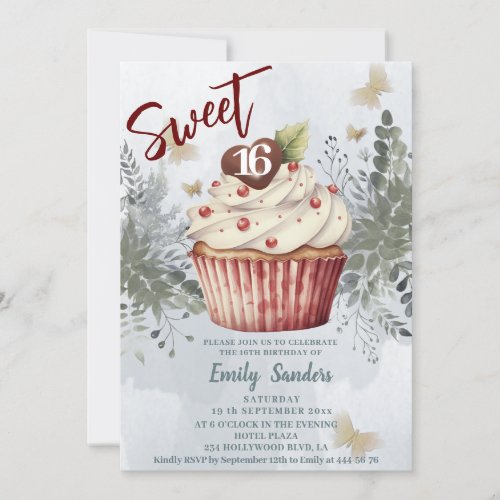 Cool vintage  watercolor greenery cupcake  invitation