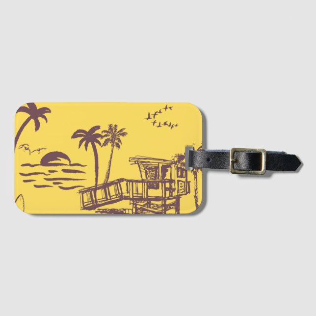 Cool Vintage Yellow Tropical Beach Sketch Luggage Tag (Front Horizontal)