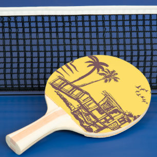 Cool Vintage Yellow Tropical Beach Sketch Ping Pong Paddle