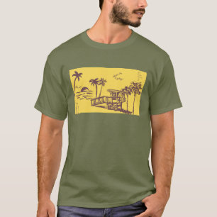 Cool Vintage Yellow Tropical Beach Sketch T-Shirt