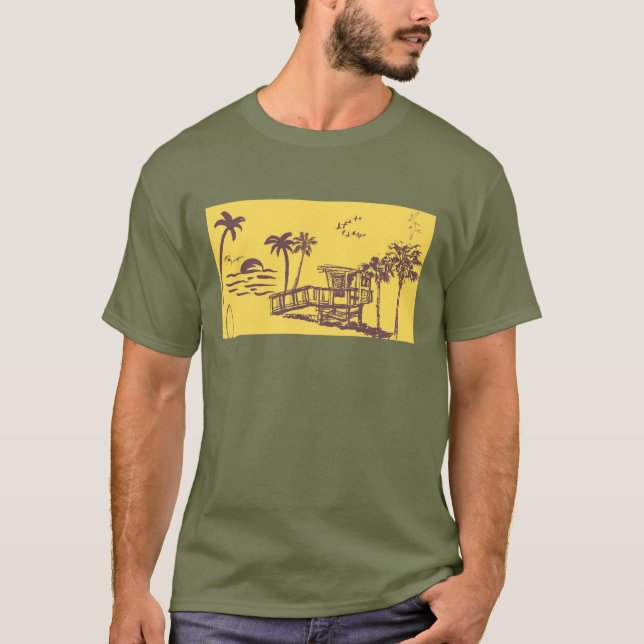 Cool Vintage Yellow Tropical Beach Sketch T-Shirt (Front)