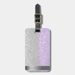 Cool Violet Silver  Glitter Bokeh Ombre Stripe Luggage Tag