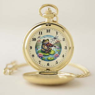 Cool violin frog animal loves pocket watch