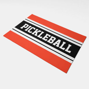 Cool Vivid Orange Black White PICKLEBALL Stripes Doormat