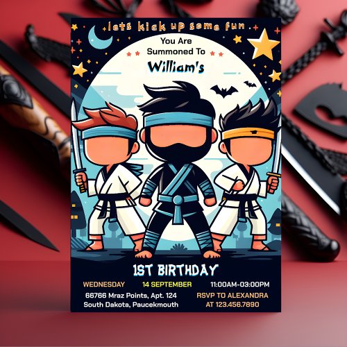 Cool War Fight Boy Moon Ninja Warrior 1st Birthday Invitation