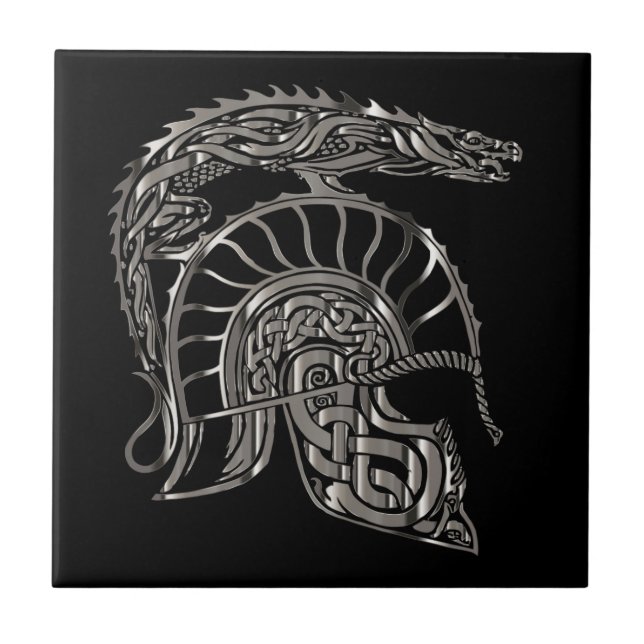 Cool Warrior Metallic Dragon Helmet Ceramic Tile (Front)