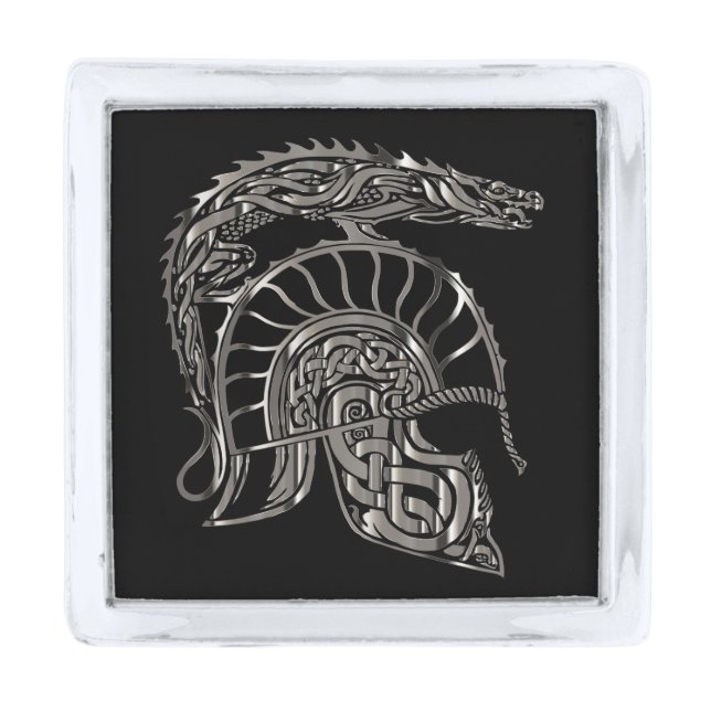 Cool Warrior Metallic Dragon Helmet Silver Finish Lapel Pin (Front)