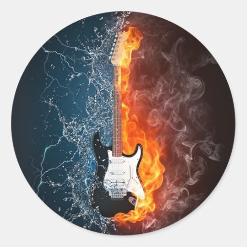 Cool Water and Fire Guitar Design Classic Round Sticker