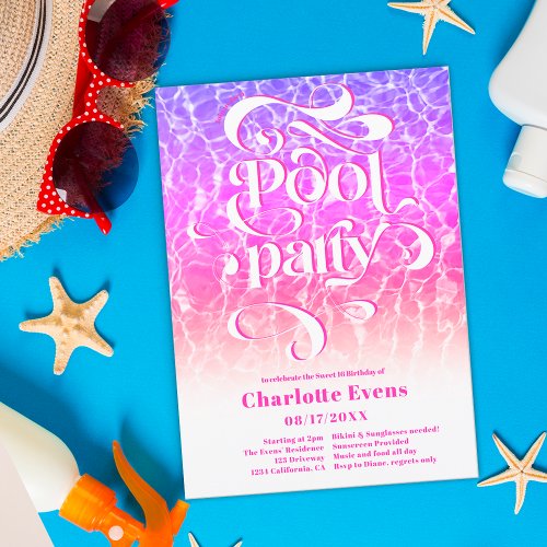 Cool water pool party script swirls pink Sweet 16 Invitation
