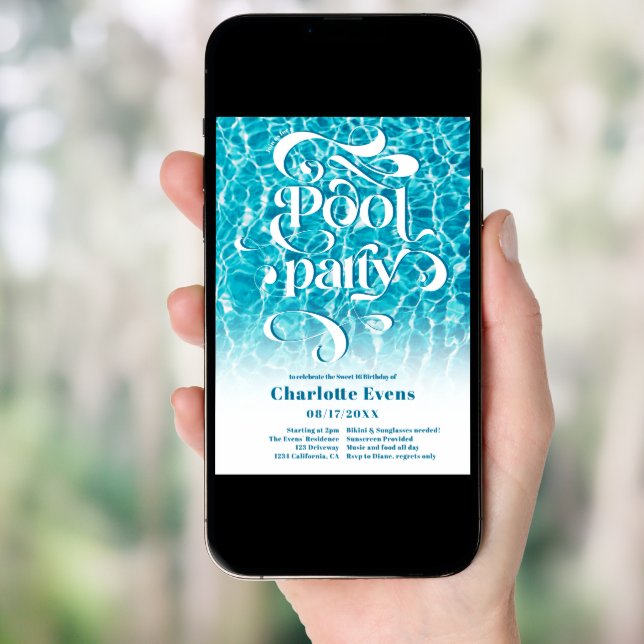 Cool water pool party script swirls teal Sweet 16 Invitation (Front Digital)