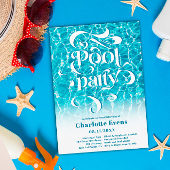 Cool Water Pool Party Script Swirls Teal Sweet 16 Invitation by girly_trend at Zazzle