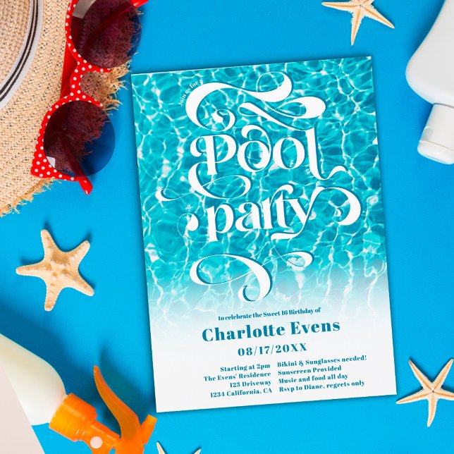 Cool water pool party script swirls teal Sweet 16 Invitation (Creator Uploaded)