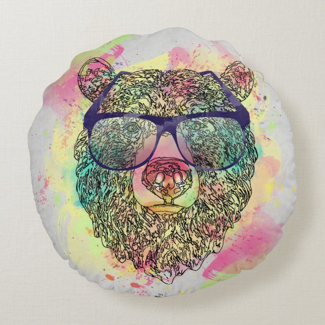 Cool watercolor bear with glasses design round pillow (Back)