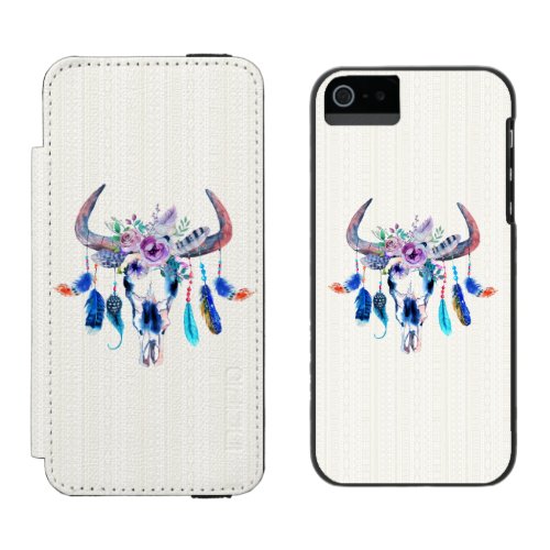 Cool Watercolor Bison Skull Feathers And Flowers iPhone SE55s Wallet Case