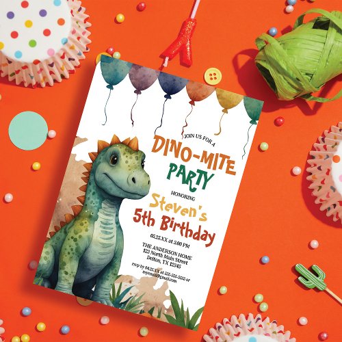 Cool Watercolor Dinosaur Boys Birthday Party Invitation