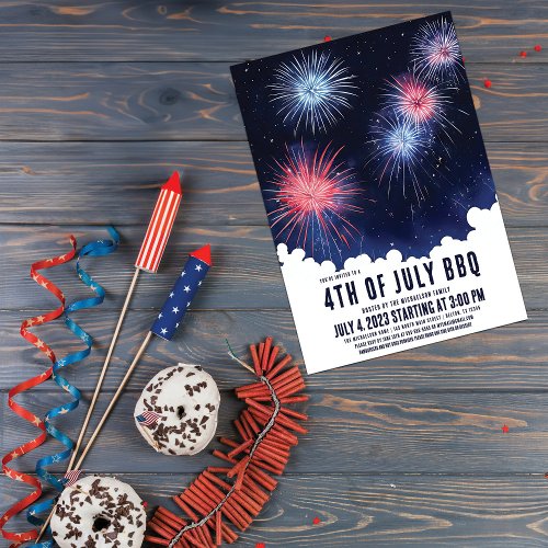 Cool Watercolor Fireworks Nigh Sky 4th of July BBQ Invitation