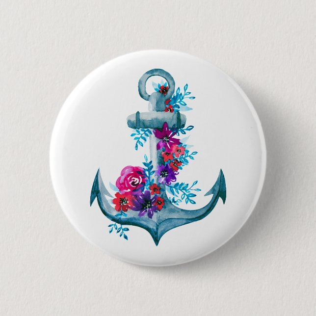 Cool Watercolor Floral Anchor Illustration Button (Front)