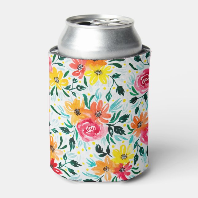 Cool Watercolor Floral Colorful Pattern Can Cooler (Can Front)